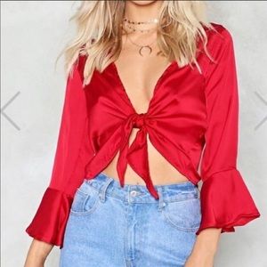 NASTY GAL RED SATIN TIE FRONT RUFFLE CROPTOP